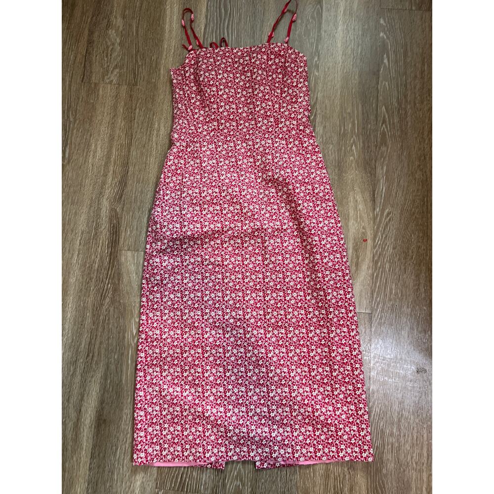 Vintage Nanette Lepore 90s Red and Pink Floral Dress with Rosette Straps